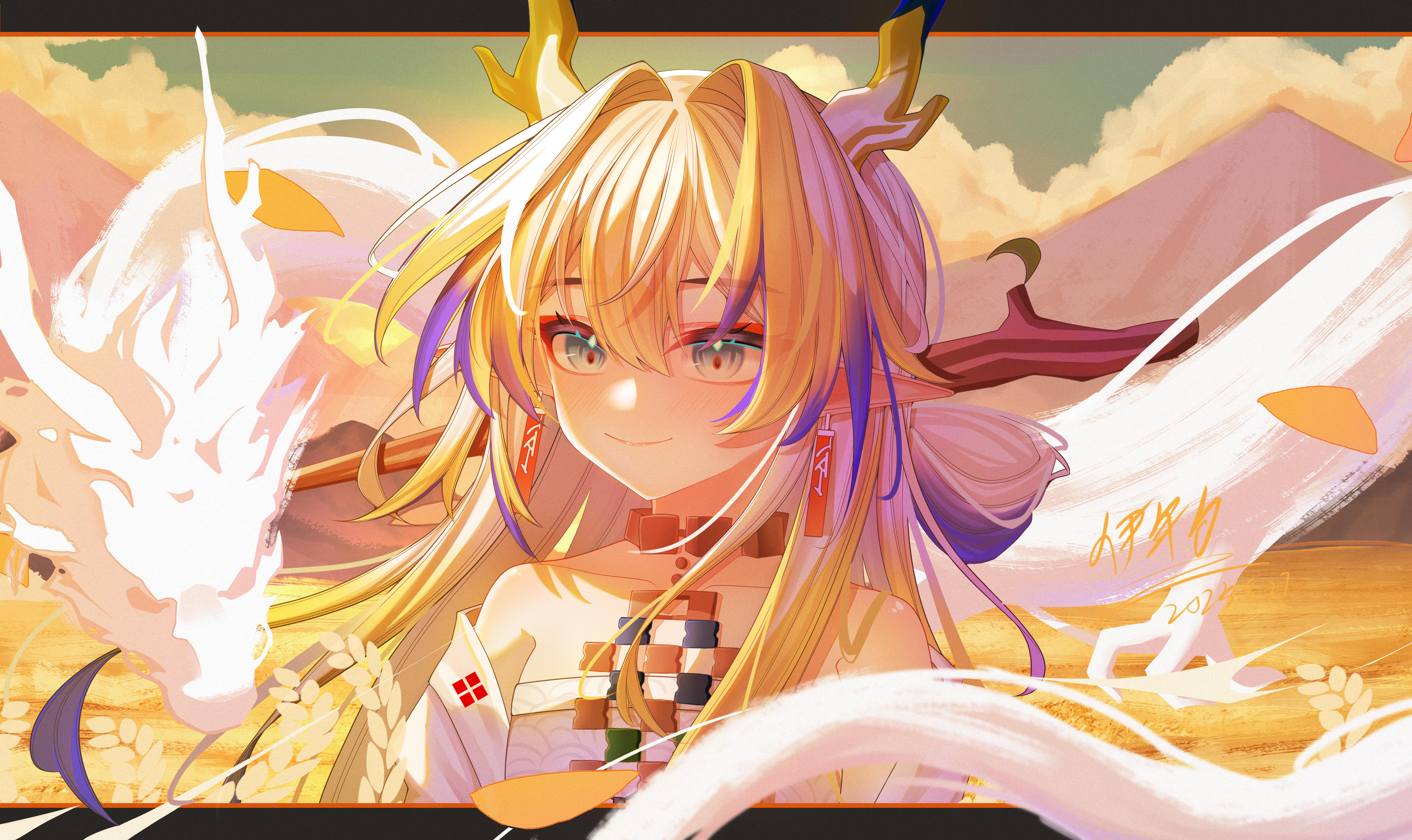 airtair, shu (arknights), arknights, absurdres, highres, 1girl, 1other, bead necklace, beads, blonde hair, blue hair, closed mouth, collarbone, dragon, dragon girl, earrings, eastern dragon, eastern dragon horns, green eyes, hair between eyes, hair ornament, hairpin, jewelry, long hair, necklace, pointy ears, shirt, smile, solo, strapless, strapless shirt, tassel, tassel earrings, tube top, upper body, very long hair, white tube top