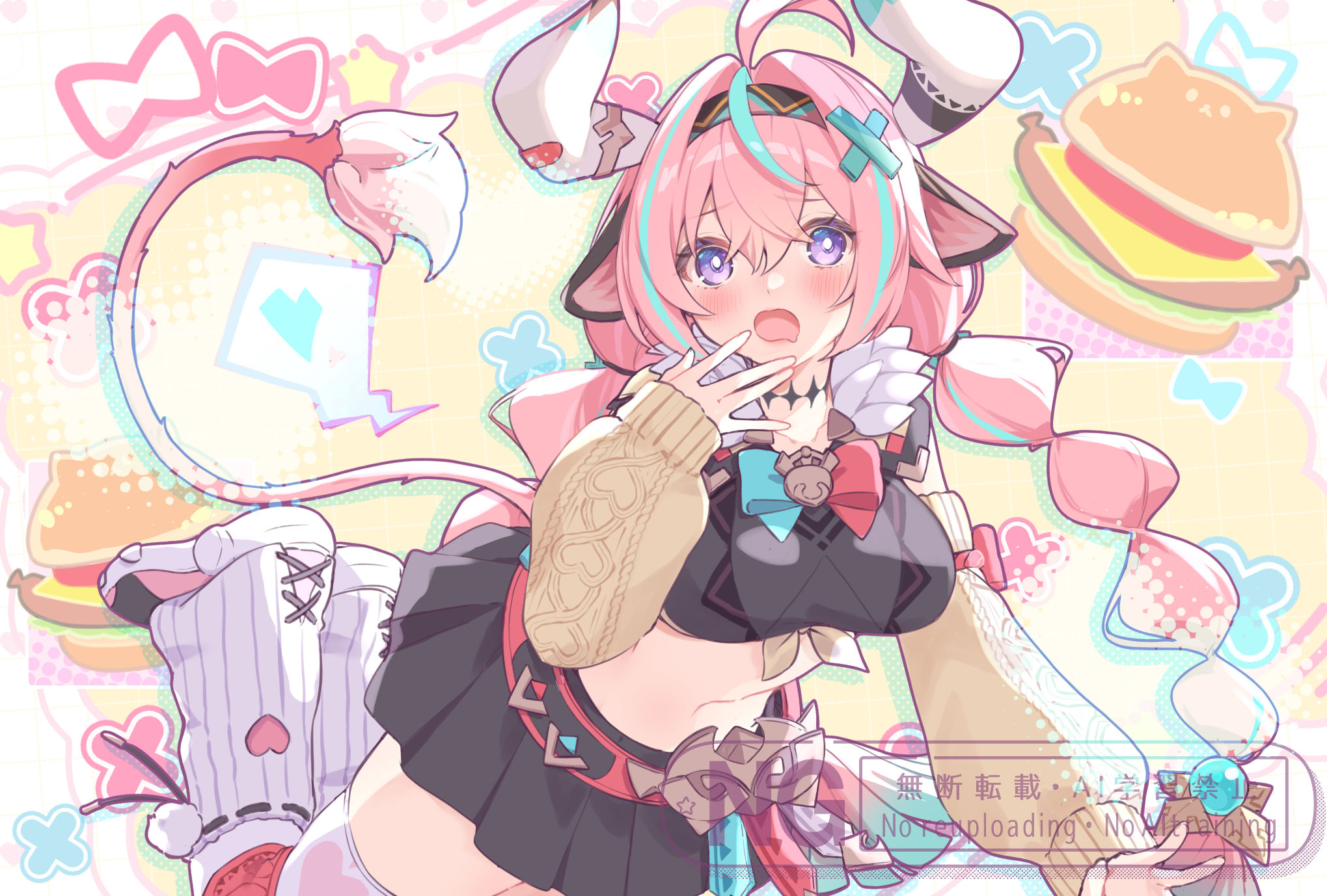 puchimu, varesa (genshin impact), genshin impact, highres, 1girl, ahoge, animal ears, aqua hair, black skirt, blush, braid, breasts, bright pupils, burger, cow ears, cow girl, cow horns, cow tail, detached sleeves, drooling, food, fur trim, hair between eyes, hair ornament, hairband, halftone, horns, large breasts, leg warmers, long hair, looking at viewer, mouth drool, multicolored hair, open mouth, pink hair, purple eyes, shoes, single thighhigh, skirt, sleeves past wrists, sneakers, solo, stomach, streaked hair, tail, thighhighs, twin braids, white leg warmers, x hair ornament, yellow sleeves