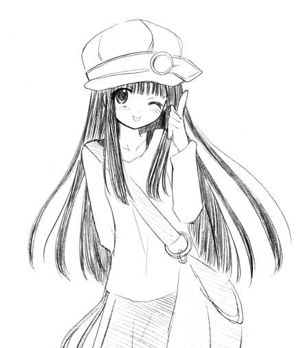 yuuma (omaeno meinichi), konoe konoka, mahou sensei negima!, 00s, bag, beret, casual, greyscale, hat, monochrome, newsboy cap, sketch, solo