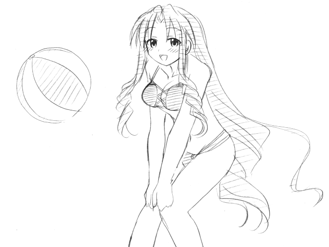 yuuma (omaeno meinichi), naba chizuru, mahou sensei negima!, 00s, 1girl, ball, bikini, breasts, cleavage, female focus, greyscale, medium breasts, monochrome, sketch, solo, swimsuit