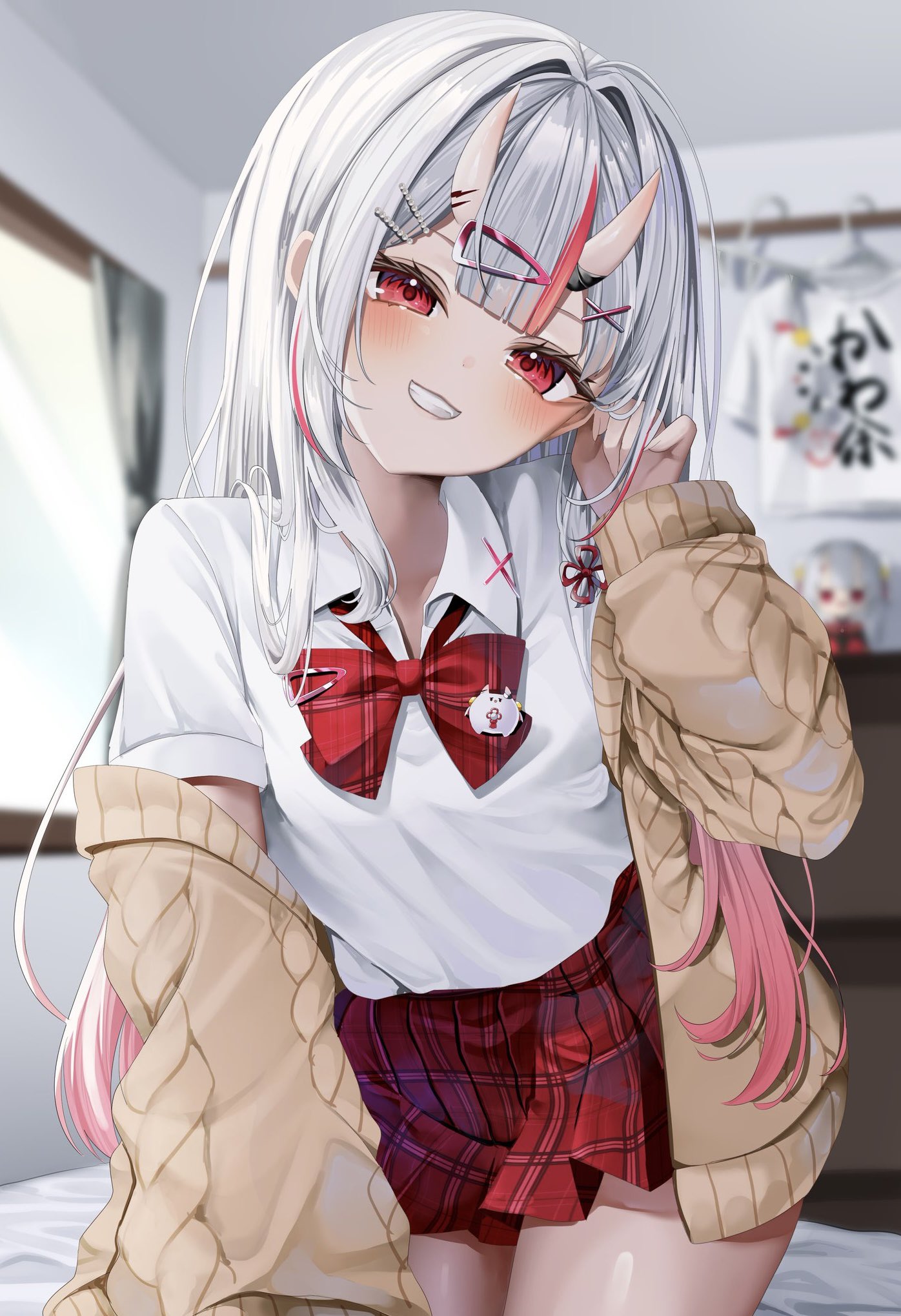 ohagetty, nakiri ayame, hololive, commentary request, highres, 1girl, :d, alternate costume, bedroom, blurry, blurry background, blush, bow, bowtie, brown cardigan, cardigan, center-flap bangs, collared shirt, gradient hair, grin, hair between horns, hand up, horns, indoors, long hair, looking at viewer, miniskirt, multicolored hair, on bed, oni, open mouth, plaid clothes, plaid skirt, pleated skirt, red bow, red bowtie, red eyes, red hair, red skirt, school uniform, shirt, shirt tucked in, short sleeves, single off shoulder, skin-covered horns, skirt, smile, solo, streaked hair, virtual youtuber, white hair, white shirt