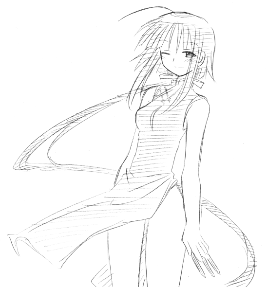 yuuma (omaeno meinichi), nagase kaede, mahou sensei negima!, 00s, ahoge, bare shoulders, china dress, chinese clothes, dress, greyscale, long hair, monochrome, one eye closed, sketch, smile, solo, wink