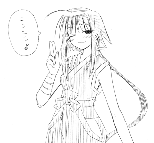 yuuma (omaeno meinichi), nagase kaede, mahou sensei negima!, katakana, 00s, 1girl, ahoge, bandages, blunt bangs, blush, breasts, closed mouth, clothing cutout, facing viewer, female focus, greyscale, hair tie, half-closed eye, hand up, happy, hip vent, japanese clothes, japanese text, kimono, large breasts, long hair, looking at viewer, monochrome, musical note, ninja, one eye closed, ponytail, simple background, sketch, sleeveless, sleeveless kimono, smile, solo, speech bubble, spoken musical note, standing, talking, very long hair, white background