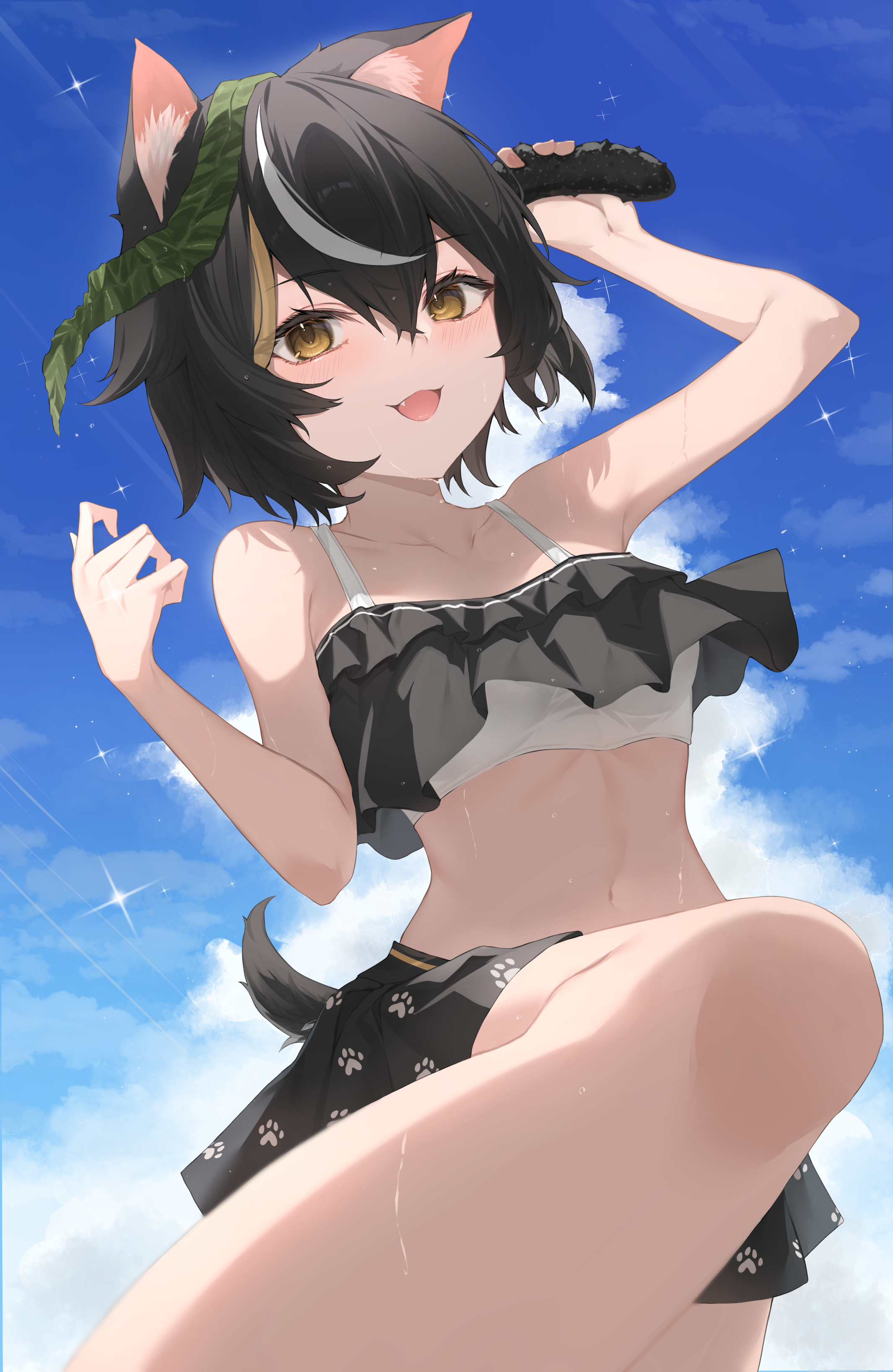 koyokurosuki, original, absurdres, commission, highres, skeb commission, 1girl, animal ears, arm up, bare shoulders, bikini, bikini skirt, black bikini, black hair, black skirt, blue sky, blush, breasts, cloud, collarbone, day, fang, frilled bikini, frills, hair between eyes, horse ears, horse girl, horse tail, looking at viewer, multicolored hair, navel, open mouth, outdoors, paw print, short hair, skirt, sky, smile, solo, sparkle, streaked hair, swimsuit, tail, wet, white hair, yellow eyes