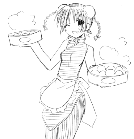yuuma (omaeno meinichi), chao lingshen, mahou sensei negima!, lowres, 00s, 1girl, bamboo steamer, bare shoulders, bun cover, china dress, chinese clothes, double bun, dress, dumpling, female focus, food, greyscale, hair bun, monochrome, pantyhose, sketch, solo, steamed bun, waitress