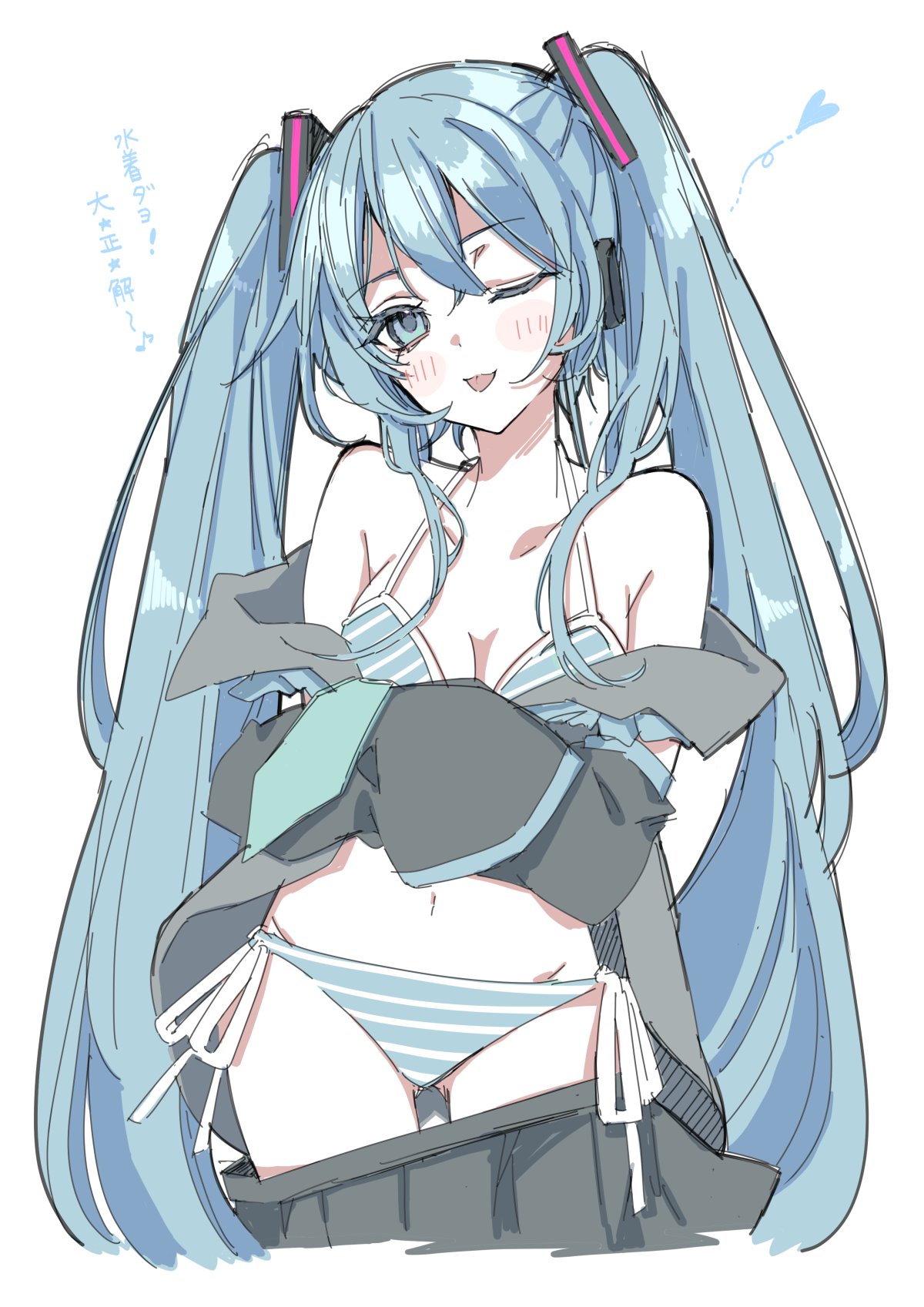 sotsunaku, hatsune miku, vocaloid, highres, 1girl, ;p, aqua eyes, bare shoulders, bikini, bikini under clothes, black skirt, blue eyes, blue hair, blush, breasts, cleavage, clothes pull, collarbone, cowboy shot, detached sleeves, grey shirt, hair between eyes, hair ornament, heart, long hair, looking at viewer, medium breasts, navel, one eye closed, open clothes, pleated skirt, shirt, side-tie bikini bottom, simple background, skirt, skirt pull, smile, solo, striped bikini, striped clothes, swimsuit, tongue, tongue out, twintails, undressing, very long hair, white background