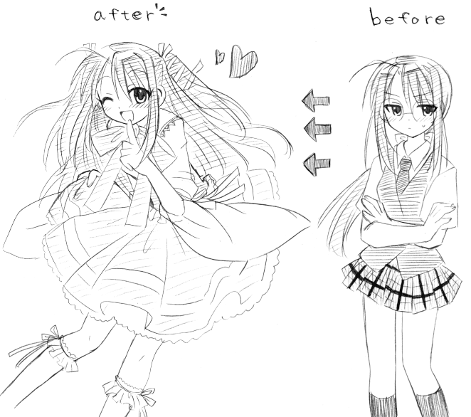 yuuma (omaeno meinichi), hasegawa chisame, mahou sensei negima!, 00s, comparison, dress, glasses, greyscale, monochrome, plaid clothes, plaid skirt, school uniform, serafuku, sketch, skirt