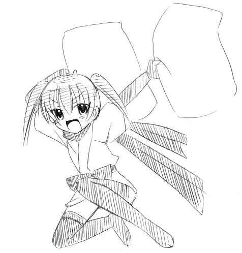 yuuma (omaeno meinichi), narutaki fuuka, mahou sensei negima!, lowres, 00s, greyscale, japanese clothes, monochrome, ninja, pillow, sketch, solo, thighhighs