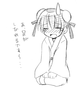 yuuma (omaeno meinichi), narutaki fumika, mahou sensei negima!, lowres, translated, 00s, blush, double bun, greyscale, hair bun, japanese clothes, kneeling, monochrome, seiza, sitting, sketch, solo, sweatdrop