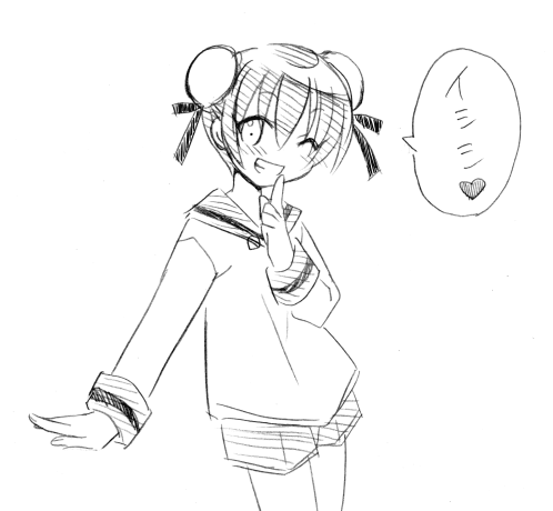 yuuma (omaeno meinichi), narutaki fumika, narutaki fuuka, mahou sensei negima!, lowres, 00s, cosplay, greyscale, heart, monochrome, narutaki fumika (cosplay), sailor, school uniform, serafuku, sketch, solo