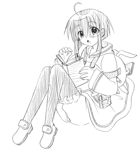 yuuma (omaeno meinichi), miyazaki nodoka, mahou sensei negima!, 00s, bag, book, greyscale, monochrome, rabbit, sketch, solo, thighhighs