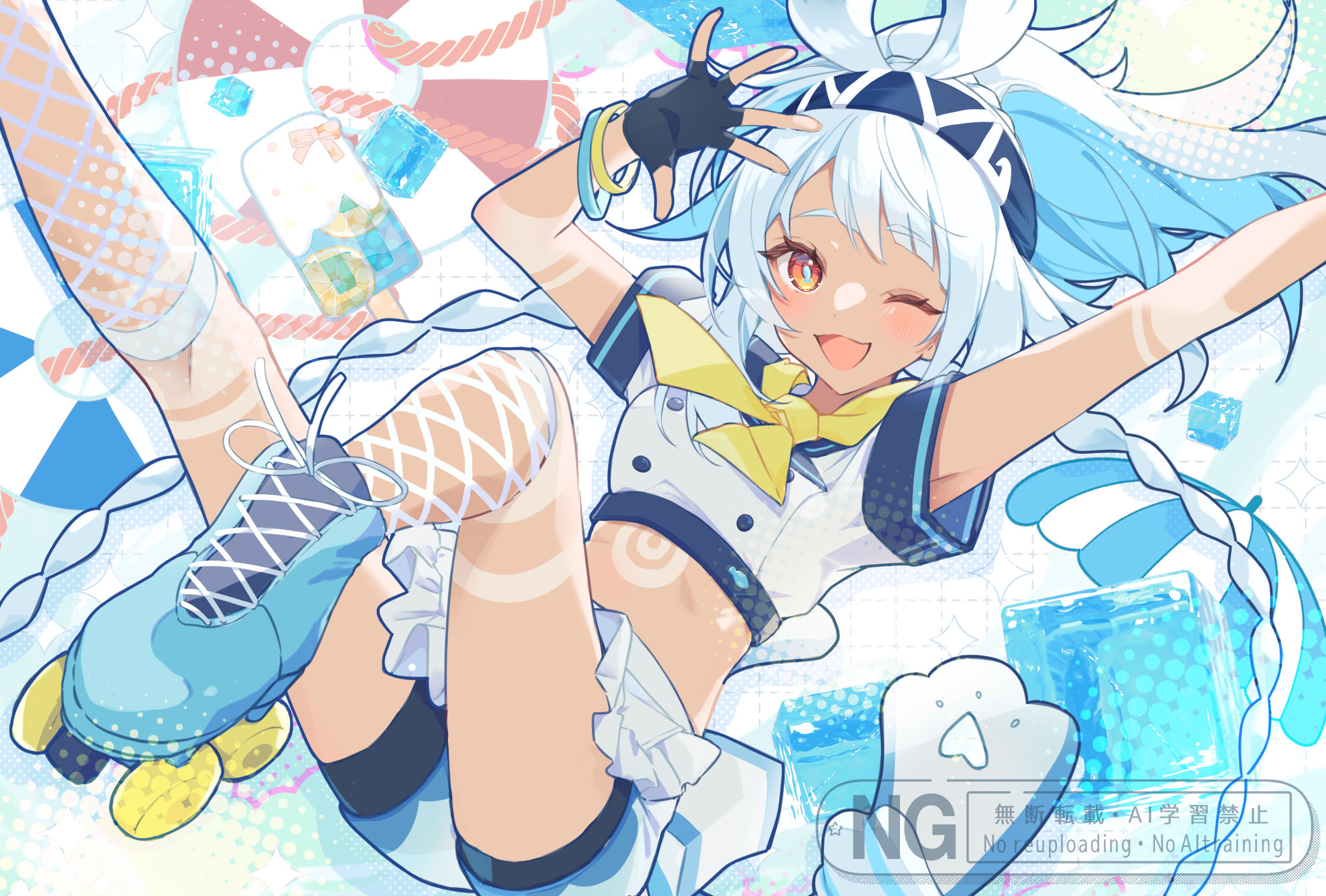 puchimu, mualani (genshin impact), genshin impact, adversarial noise, commentary request, highres, 1girl, ;d, alternate costume, apron, arms up, black gloves, blue hair, blue hairband, blue shoes, blue shorts, blush, body markings, bracelet, braid, buttons, crop top, dark-skinned female, dark skin, eyelashes, fingerless gloves, fish-shaped pupils, fishnet socks, fishnets, floating hair, food, frilled apron, frills, gloves, grid background, hairband, halftone, high ponytail, ice, ice cube, jewelry, kneehighs, lifebuoy, long hair, looking at viewer, midriff, multicolored hair, neckerchief, one eye closed, open mouth, parted bangs, ponytail, popsicle, red eyes, roller skates, rope, shirt, shoes, short shorts, short sleeves, shorts, sidelocks, skates, smile, socks, solo, sparkle, swim ring, symbol-shaped pupils, twin braids, umbrella, very long hair, waist apron, waitress, watermark, white apron, white background, white hair, white shirt, white shorts, white socks, yellow neckerchief