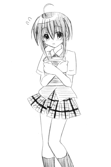 yuuma (omaeno meinichi), miyazaki nodoka, mahou sensei negima!, 00s, book, greyscale, monochrome, plaid clothes, plaid skirt, school uniform, serafuku, sketch, skirt, socks, solo