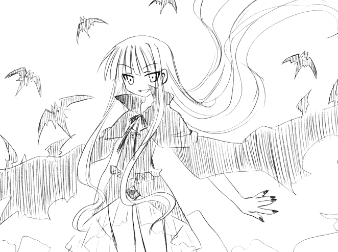 yuuma (omaeno meinichi), evangeline a.k. mcdowell, mahou sensei negima!, 00s, bat (animal), cape, greyscale, long hair, monochrome, sketch, solo, vampire, very long hair