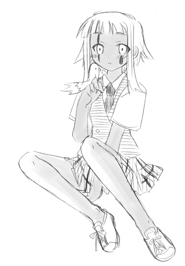 yuuma (omaeno meinichi), zazie rainyday, mahou sensei negima!, 00s, bird, greyscale, monochrome, school uniform, serafuku, sketch, solo