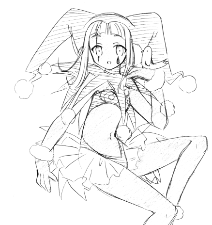 yuuma (omaeno meinichi), zazie rainyday, mahou sensei negima!, lowres, 00s, greyscale, jester, monochrome, sketch, solo