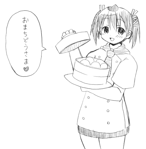 yuuma (omaeno meinichi), yotsuba satsuki, mahou sensei negima!, lowres, translated, 00s, 1girl, bamboo steamer, chef, dumpling, female focus, food, greyscale, monochrome, plump, simple background, sketch, solo, steamed bun