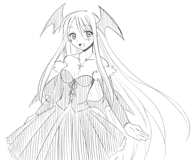 yuuma (omaeno meinichi), yukihiro ayaka, mahou sensei negima!, 00s, 1girl, bat wings, corset, dress, female focus, greyscale, head wings, low wings, monochrome, sketch, solo, wings