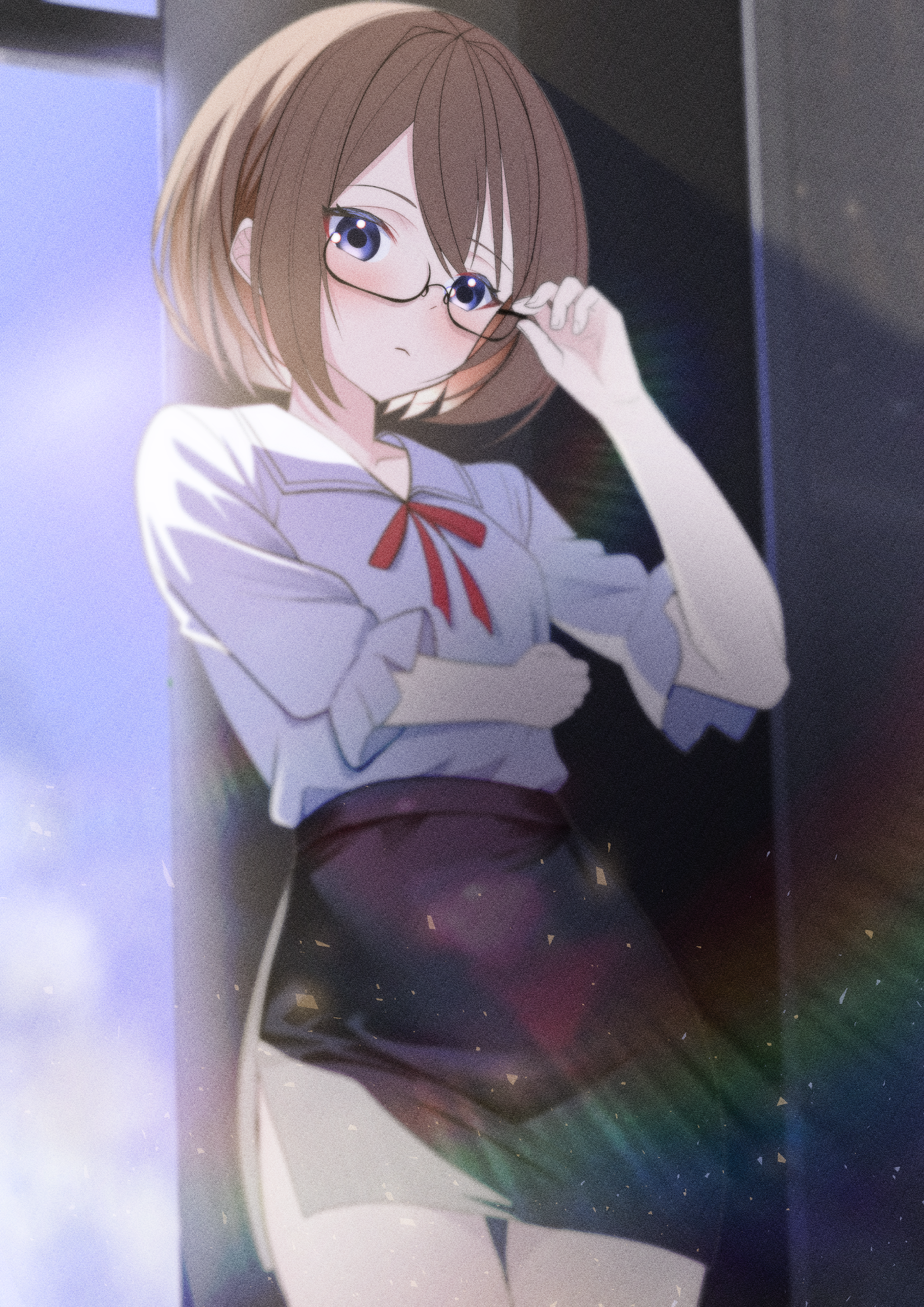 xueli shimazaki, blanc (neptunia), choujigen game neptune, neptune (series), absurdres, commentary, english commentary, highres, 1girl, adjusting eyewear, black skirt, blue eyes, brown hair, glasses, office lady, semi-rimless eyewear, shirt, short hair, skirt, solo, under-rim eyewear, white shirt