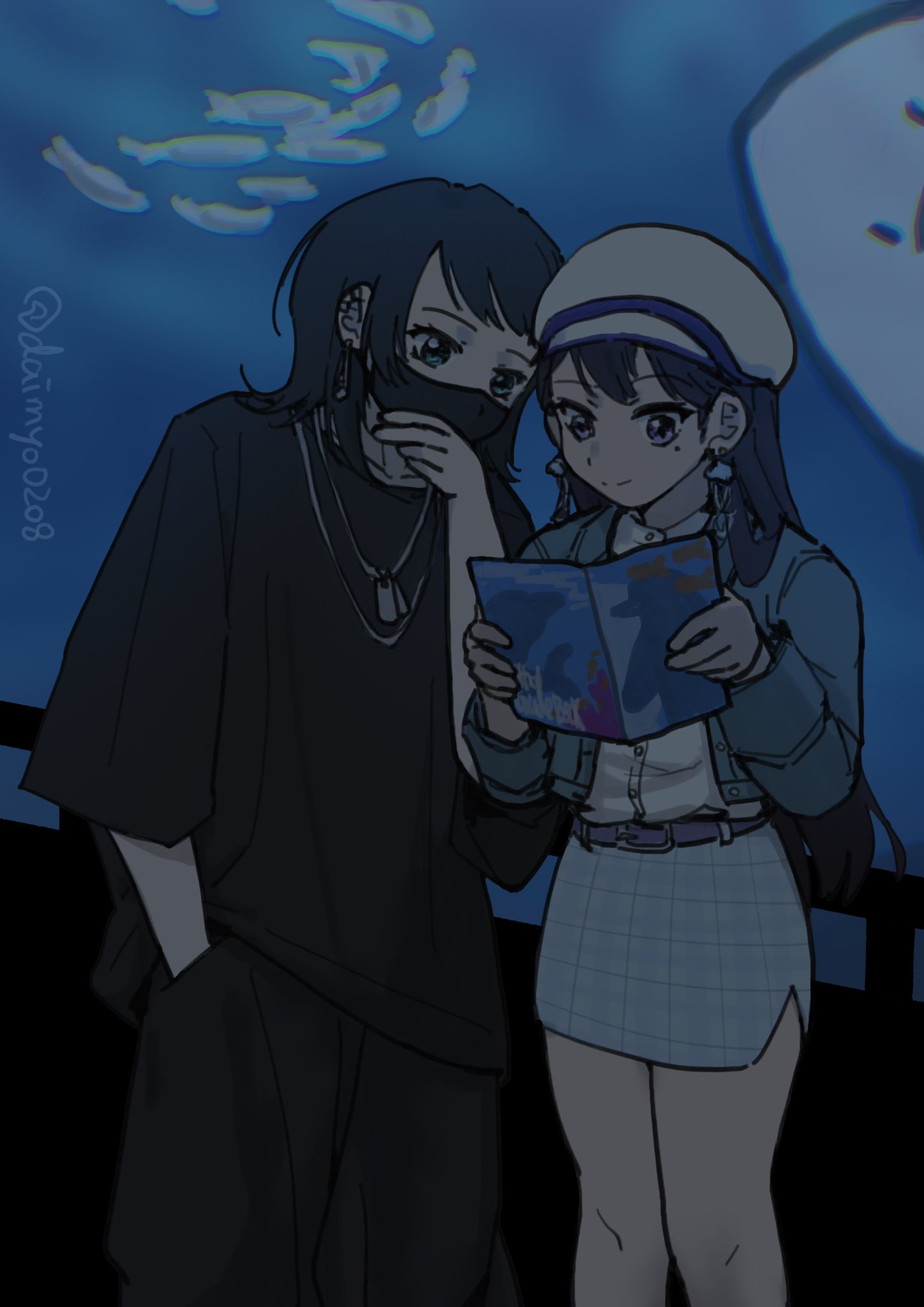 daimyo0208, shiina taki, yahata umiri, bang dream!, bang dream! it's mygo!!!!!, commentary, highres, 2girls, aquarium, black hair, black mask, black pants, black shirt, blue eyes, blue jacket, blue skirt, dress shirt, earclip, earrings, hat, jacket, jewelry, long hair, mask, medium hair, mole, mole under eye, mouth mask, multiple girls, open clothes, open jacket, pants, purple eyes, shirt, skirt, white hat, white shirt