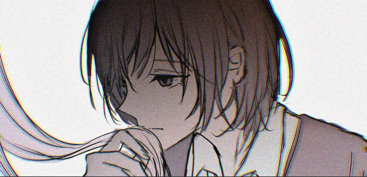 guiltyskullu, naoi (zenbu kowashite jigoku de aishite), yoshizawa kurumi, zenbu kowashite jigoku de aishite, commentary, symbol-only commentary, 2girls, chromatic aberration, closed mouth, film grain, greyscale, monochrome, multiple girls, short hair, simple background, smelling, smelling hair, solo focus, white background, yuri