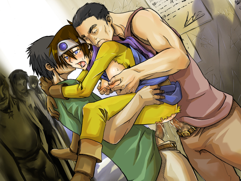 shindol, roto (dq3), chunsoft, dragon quest, dragon quest iii, enix, square enix, 1girl, 2boys, anal, blue eyes, blush, boots, breasts, brown hair, censored, circlet, cum, cum in ass, cum in pussy, double penetration, dutch angle, empty eyes, gloves, grabbing another's breast, groping, group sex, headband, hug, large breasts, mmf threesome, multiple boys, multiple penetration, nipple stimulation, nipple tweak, nipples, penis, public indecency, rape, saliva, sex, short hair, threesome, torn clothes, vaginal
