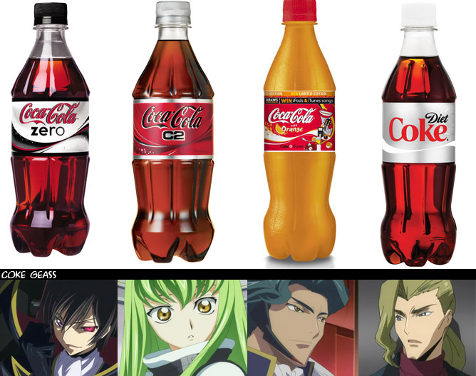 c.c., diethard ried, jeremiah gottwald, zero (code geass), coca-cola, code geass, 1girl, 3boys, bottle, chart, comparison, multiple boys, parody, soda
