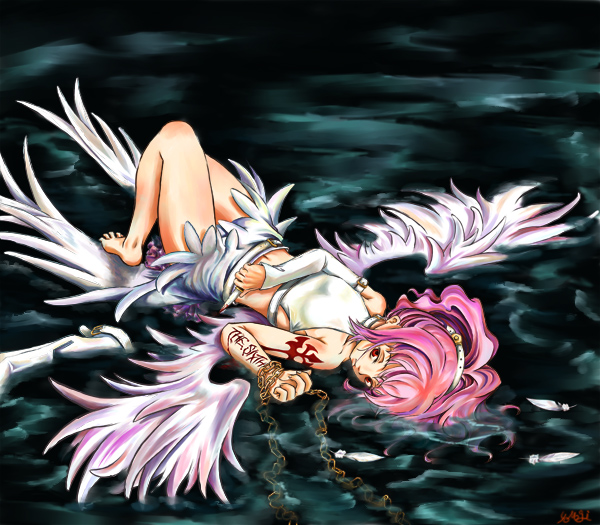 yomogi uta, anya alstreim, code geass, 00s, chain, feathers, lying, pink hair, solo, tattoo, water, wings