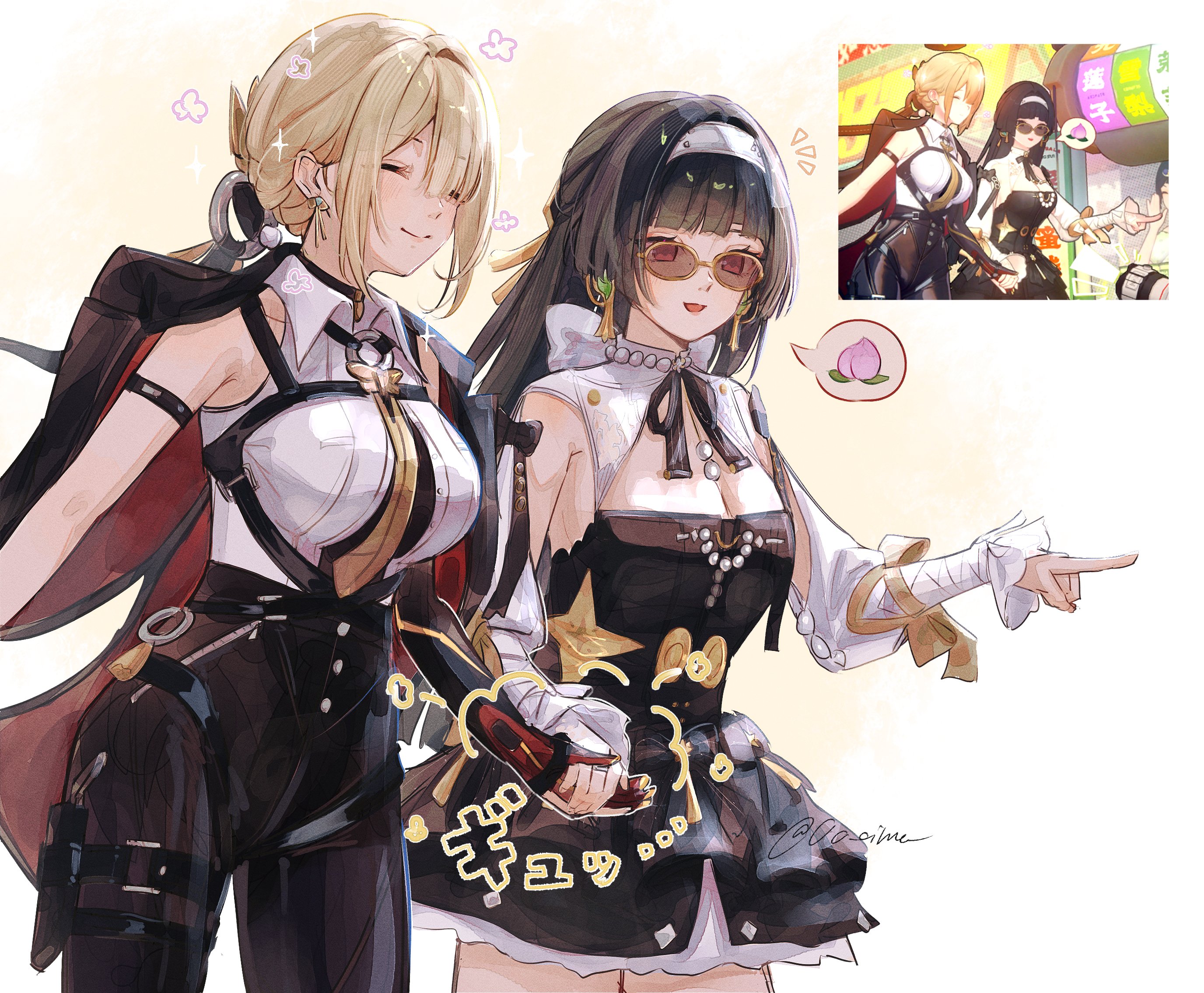 oimo (0o oimo ), astra yao, evelyn chevalier, zenless zone zero, highres, 2girls, black hair, blonde hair, blunt bangs, breasts, cleavage, earrings, jewelry, long hair, multiple girls, pointing, smile, sunglasses
