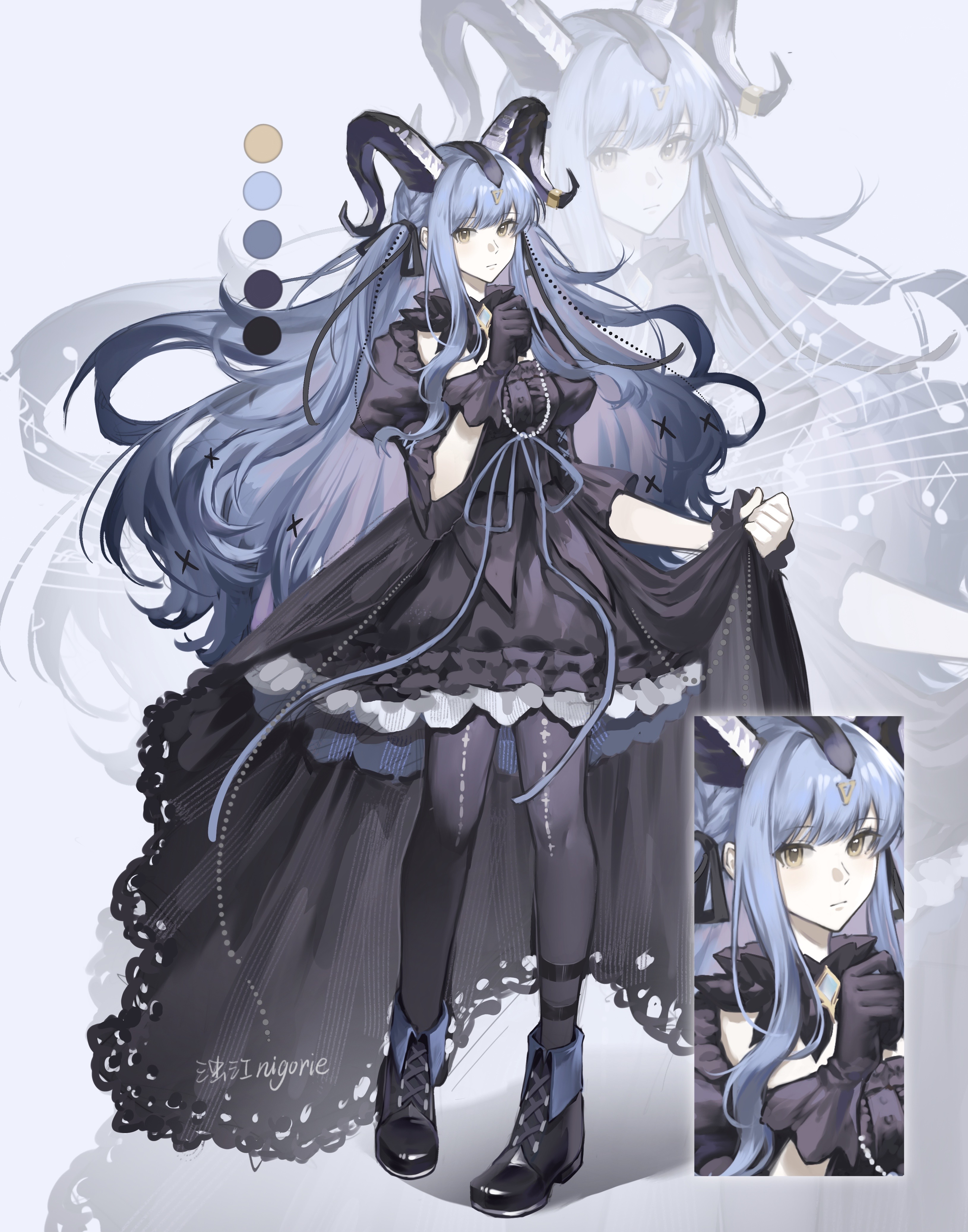 togawa sakiko, arknights, bang dream!, bang dream! it's mygo!!!!!, absurdres, highres, 1girl, artist name, black boots, black dress, black horns, black pantyhose, black ribbon, blue hair, blue ribbon, boots, closed mouth, color guide, curled horns, detached collar, dress, frilled dress, frills, full body, gloves, hair ribbon, hand up, horn ornament, horn ring, horns, long hair, looking at viewer, pantyhose, ribbon, sidelocks, single glove, skirt hold, solo, standing, togawa sakiko (master of melodia), two side up, wo lei ge gua, yellow eyes, zoom layer