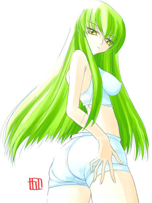 calypso, c.c., code geass, 00s, 1girl, ass, bare shoulders, breasts, covered erect nipples, female focus, green hair, medium breasts, midriff, shorts, sleeveless, sleeveless turtleneck, solo, tank top, turtleneck, yellow eyes