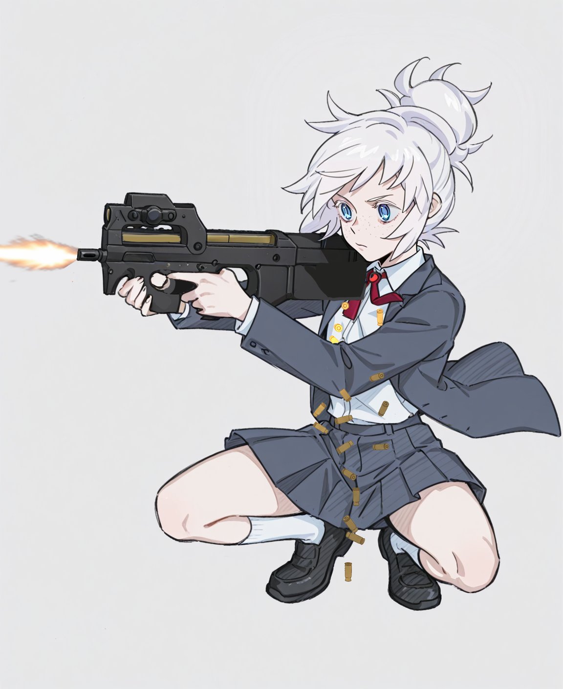 kisaragi shokuin, deux murasame, henrietta (gunslinger girl), p90 (girls' frontline), gundam, gundam gquuuuuux, gunslinger girl, commentary request, highres, 1girl, black jacket, black shoes, black skirt, blue eyes, closed mouth, collared shirt, cosplay, firing, freckles, full body, grey background, henrietta (gunslinger girl) (cosplay), jacket, muzzle flash, neck ribbon, open clothes, open jacket, pleated skirt, red ribbon, ribbon, shell casing, shirt, shoes, simple background, skirt, socks, solo, squatting, white hair, white shirt, white socks