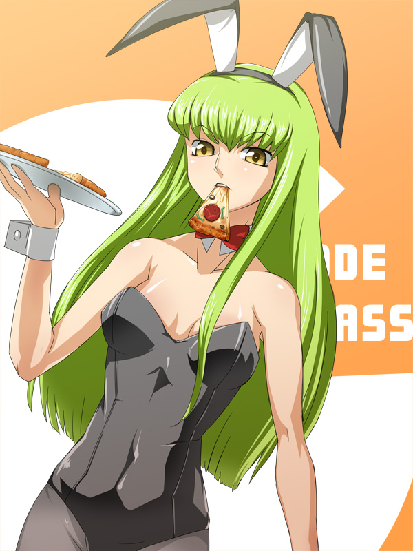 baanin, c.c., code geass, 00s, 1girl, animal ears, breasts, fake animal ears, female focus, food, geass, green hair, leotard, pantyhose, pizza, pizza slice, playboy bunny, rabbit ears, solo, yellow eyes