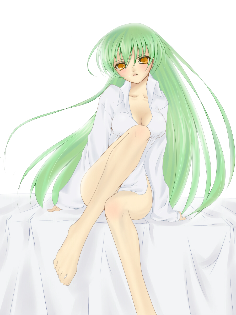 c.c., code geass, highres, 00s, barefoot, bed, green hair, legs, solo, yellow eyes