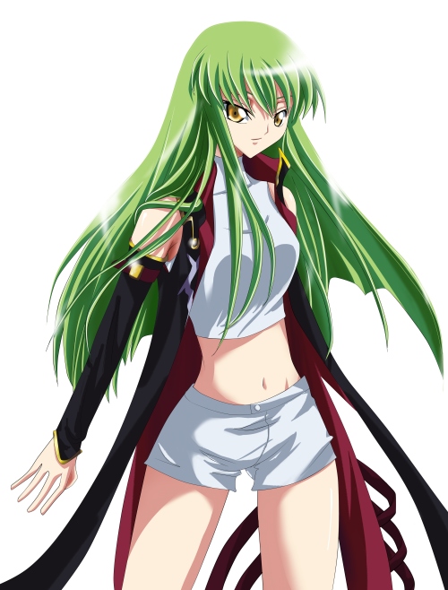 c.c., code geass, 00s, detached sleeves, green hair, midriff, shorts, solo, tank top, yellow eyes
