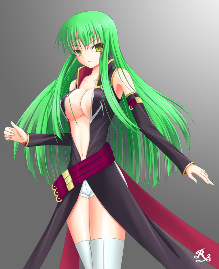 aito (indigorabbit), c.c., code geass, 00s, 1girl, boots, breasts, cleavage, detached sleeves, female focus, green hair, large breasts, open clothes, open shirt, shirt, shorts, solo, thigh boots, thighhighs, yellow eyes