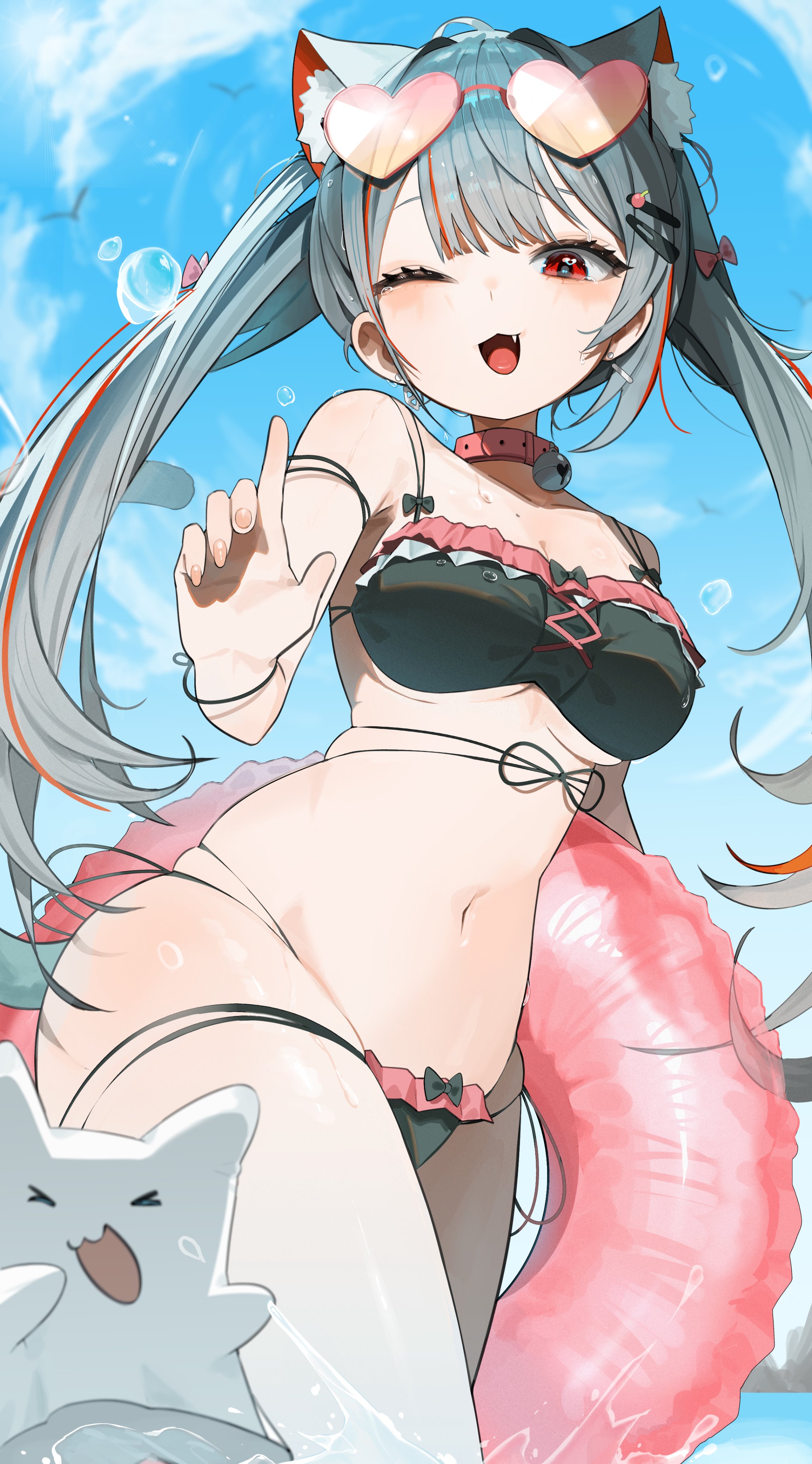 neneko mashiro, stellive, absurdres, highres, 1girl, animal ear fluff, animal ears, bare shoulders, bikini, black bikini, blue sky, bow, breasts, cat ears, cat girl, cat tail, cloud, collar, day, eyewear on head, fang, frilled bikini, frills, grey hair, hair ornament, hairclip, heart, heart-shaped eyewear, innertube, long hair, looking at viewer, medium breasts, multicolored hair, navel, one eye closed, open mouth, outdoors, red eyes, red hair, sky, smile, solo, stomach, streaked hair, sunglasses, swim ring, swimsuit, tail, twintails, uemaroo, virtual youtuber, water