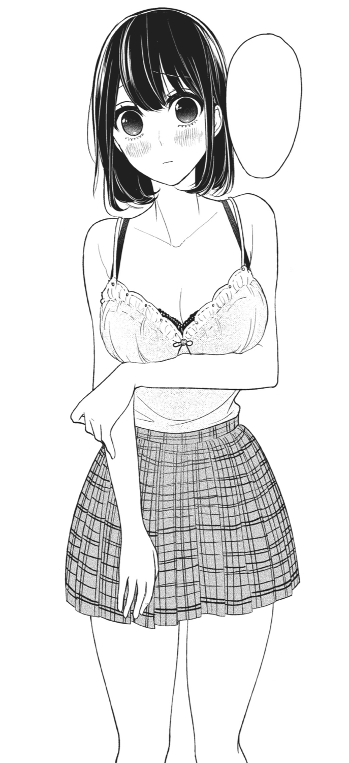 mesubarutan, takasaki misaki (koi to uso), koi to uso, highres, non-web source, black hair, blank speech bubble, blush, bra, bra peek, breasts, cleavage, cowboy shot, large breasts, monochrome, pleated skirt, skirt, speech bubble, underwear