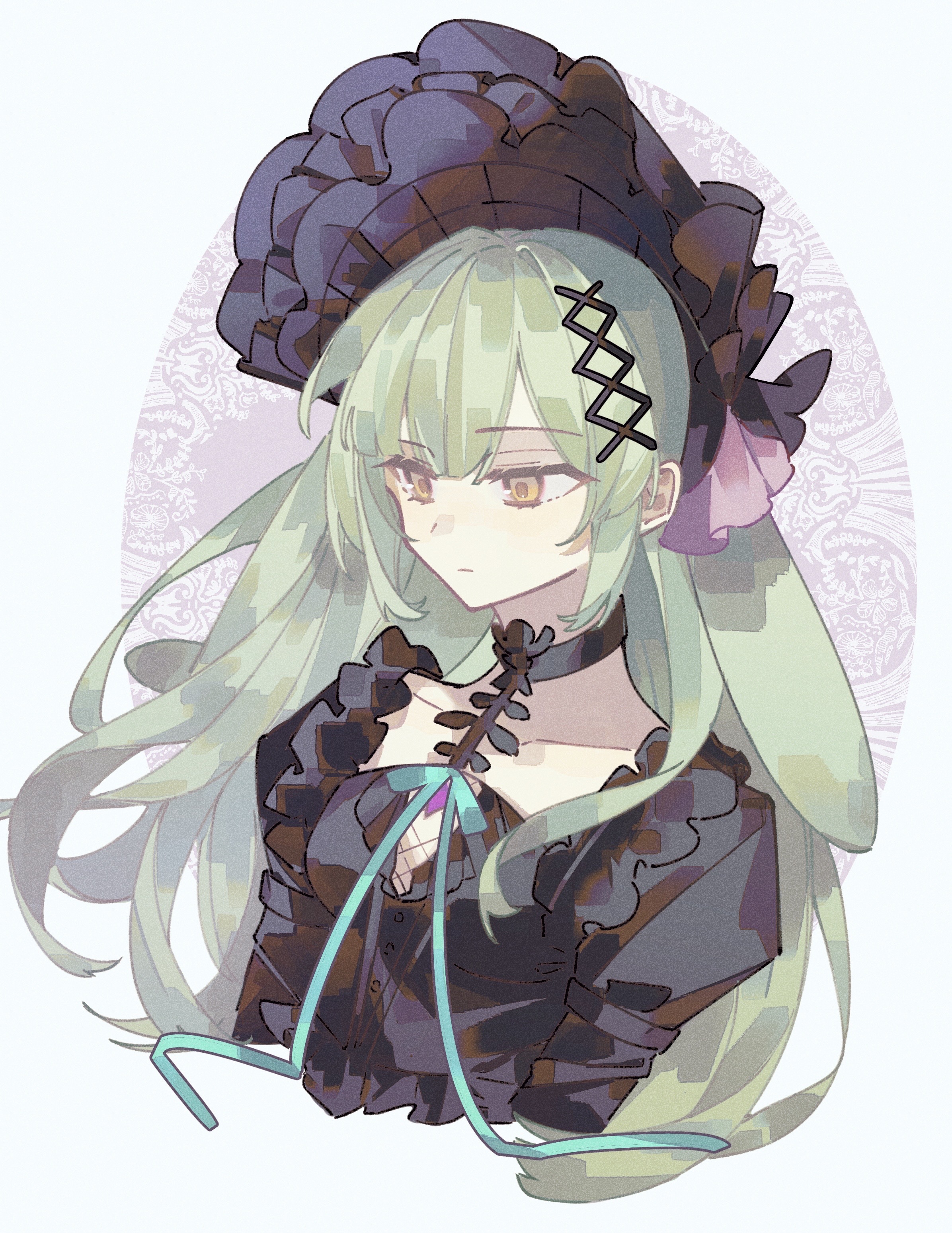 wakaba mutsumi, arknights, bang dream!, bang dream! it's mygo!!!!!, absurdres, highres, 1girl, animal ears, black bonnet, black dress, bonnet, closed mouth, cropped torso, dress, expressionless, floppy ears, gothic lolita, green hair, hair ornament, lolita fashion, long hair, official alternate costume, rabbit ears, rabbit girl, sidelocks, solo, upper body, wakaba mutsumi (marionette's id), white background, x hair ornament, yellow eyes, zenme you zai xiang gou mao de shi