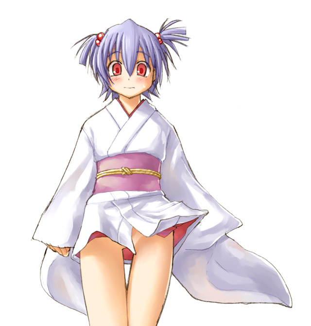kasuga yukihito, izumi ako, mahou sensei negima!, 00s, arms at sides, bottomless, clothes lift, cowboy shot, hair between eyes, japanese clothes, kimono, no panties, simple background, solo, surprised, twintails, two side up, white background