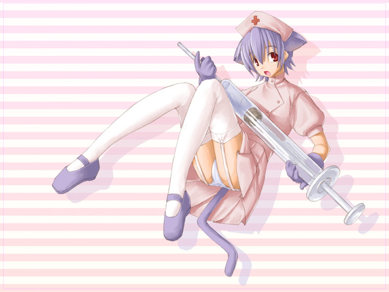 kasuga yukihito, izumi ako, mahou sensei negima!, 00s, 1girl, animal ears, cat ears, female focus, large syringe, nurse, oversized object, panties, solo, syringe, thighhighs, underwear, white panties