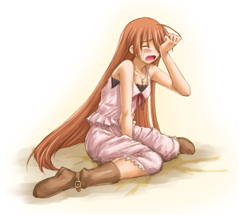 kasuga yukihito, kagurazaka asuna, mahou sensei negima!, 00s, 1girl, ahoge, blush, boots, closed eyes, cross, crying, female focus, full body, gradient background, hair over one eye, jewelry, latin cross, long hair, necklace, open mouth, orange hair, pee, peeing, peeing self, sad, sitting, solo, tears, very long hair
