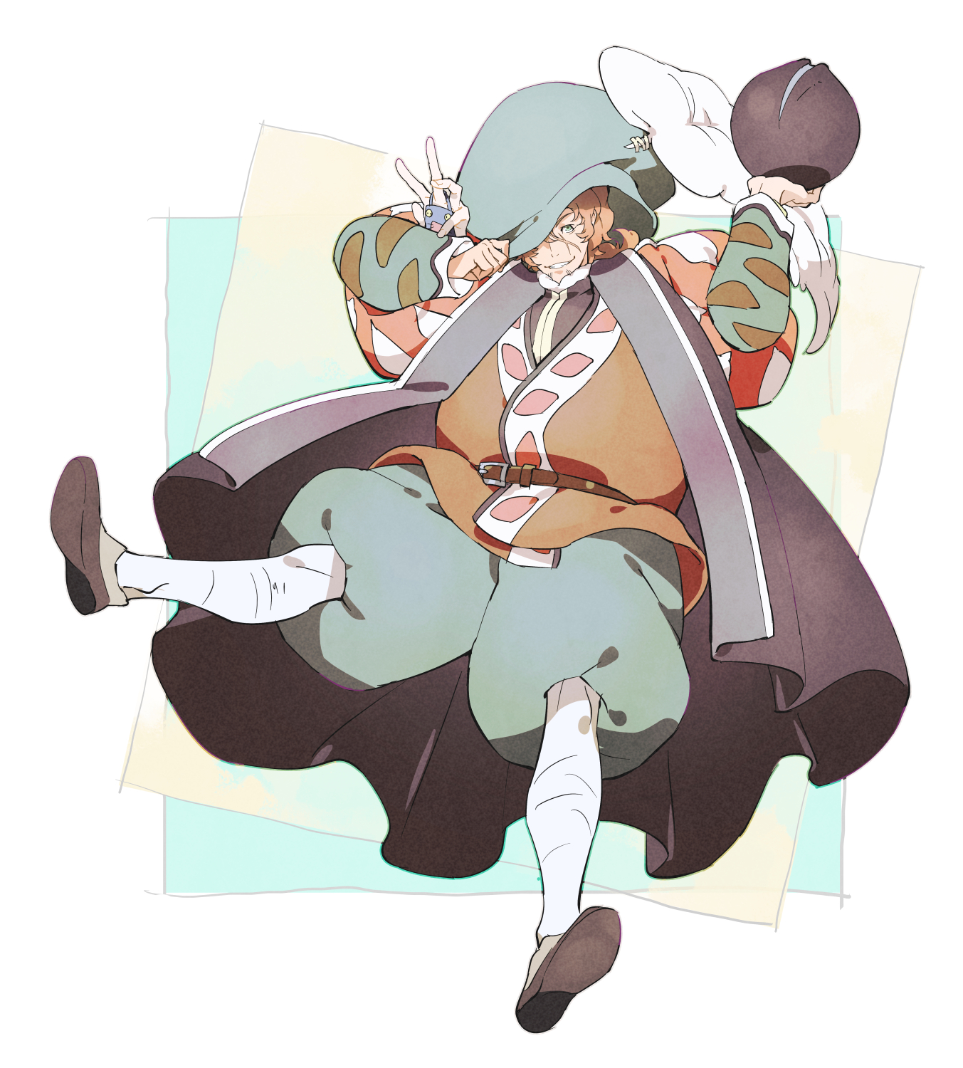 dasshu (dashi now), favaro leone, shingeki no bahamut: genesis, highres, 1boy, black cape, cape, full body, grin, hat, hat over one eye, male focus, orange hat, orange shirt, pantyhose, puff and slash sleeves, puffy hat, puffy pants, puffy sleeves, shirt, smile, solo, white pantyhose
