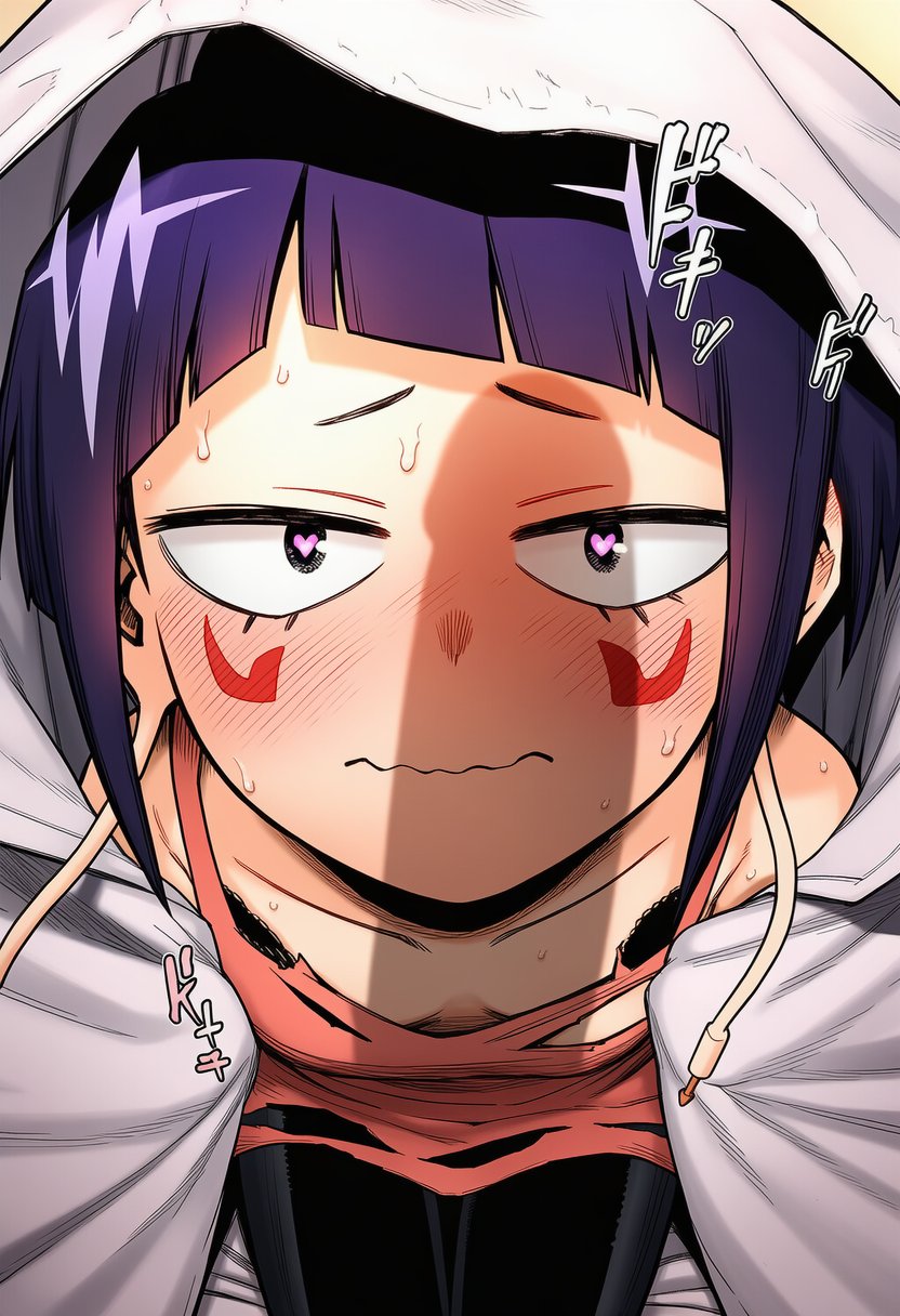 jiro kyoka, boku no hero academia, commentary request, highres, 1girl, audio jack, bare shoulders, black eyes, black leggings, blanket, blunt bangs, camisole, close-up, covering with blanket, from above, heart, heart-shaped pupils, holding, holding blanket, hunwari, leggings, long earlobes, orange camisole, penis shadow, purple hair, seiza, short hair, sidelocks, sitting, solo, sweat, sweatdrop, symbol-shaped pupils, wavy mouth