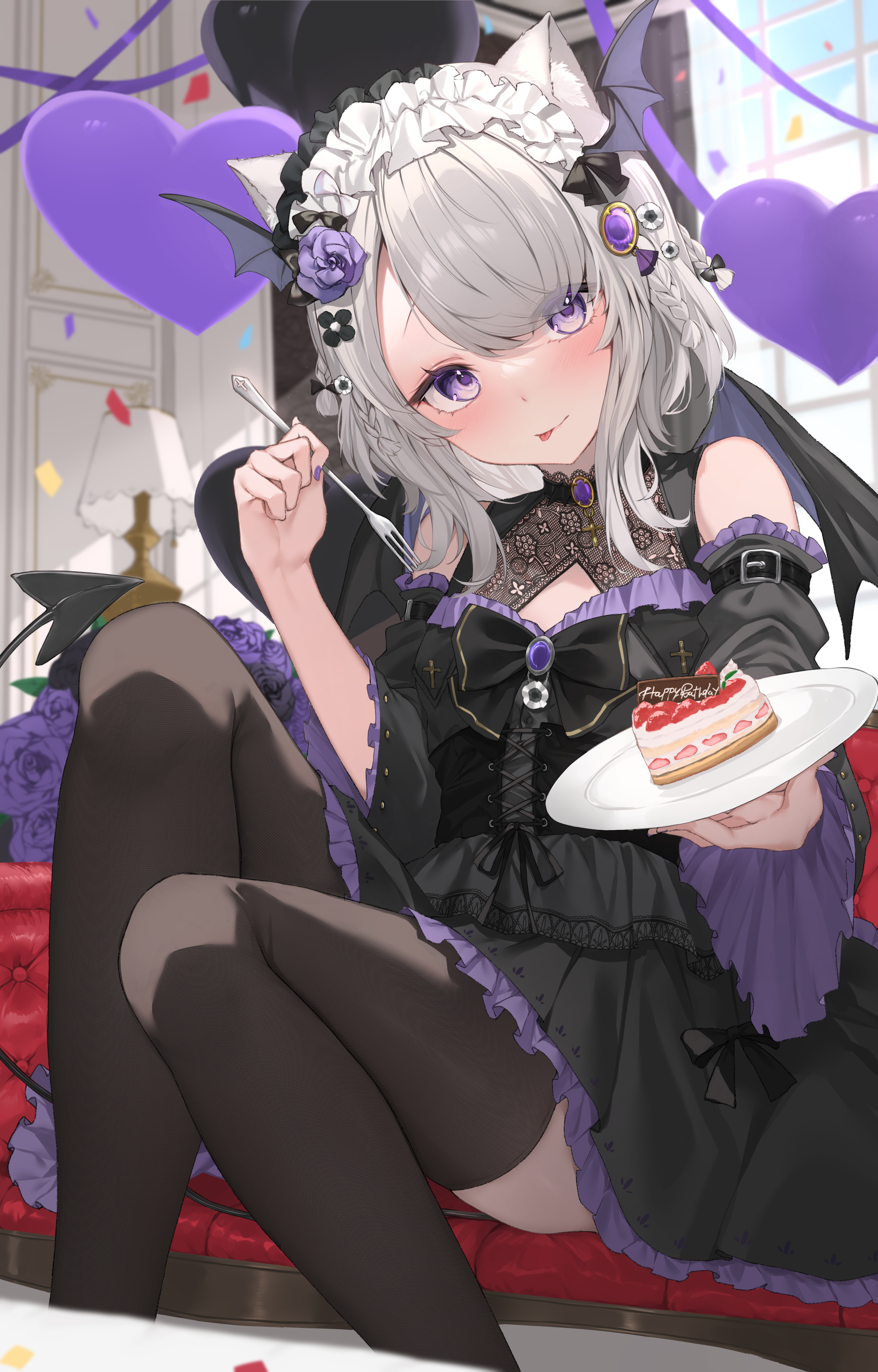 koyokurosuki, original, absurdres, commission, highres, skeb commission, 1girl, :p, black dress, cake, cake slice, demon tail, detached sleeves, dress, flower, food, fork, frilled dress, frills, grey hair, hair flower, hair ornament, holding, holding fork, holding plate, indoors, looking at viewer, plate, purple eyes, purple flower, solo, tail, thighhighs, tongue, tongue out, virtual youtuber, white hair, wings