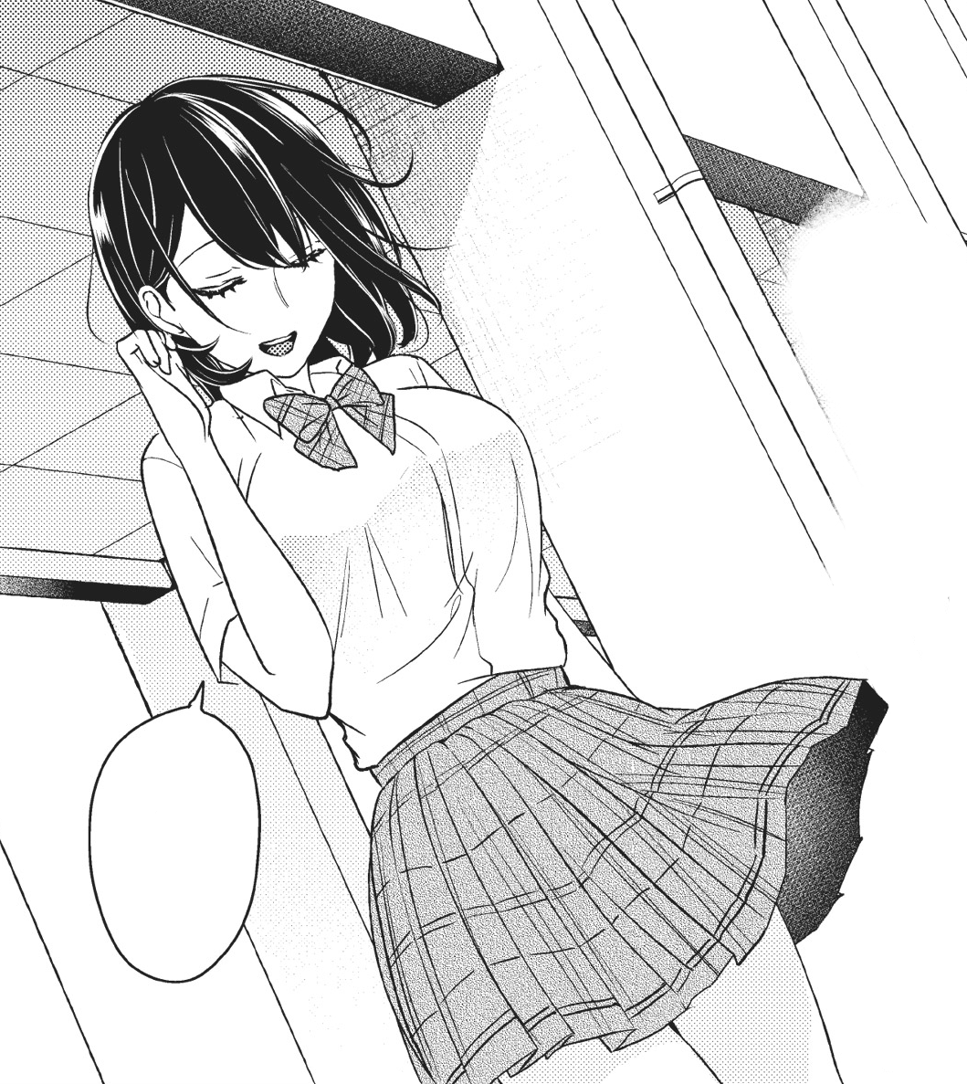 mesubarutan, takasaki misaki (koi to uso), koi to uso, non-web source, black hair, blank speech bubble, bow, breasts, closed eyes, collared shirt, dutch angle, large breasts, monochrome, pleated skirt, school uniform, shirt, short sleeves, skirt, smile, speech bubble, thighs