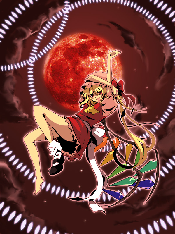uru uzuki, yuzuki (pixiv), flandre scarlet, embodiment of scarlet devil, touhou, 1girl, barefoot, blonde hair, danmaku, female focus, hat, mary janes, mob cap, moon, red eyes, shoes, single shoe, socks, solo, vampire, wings