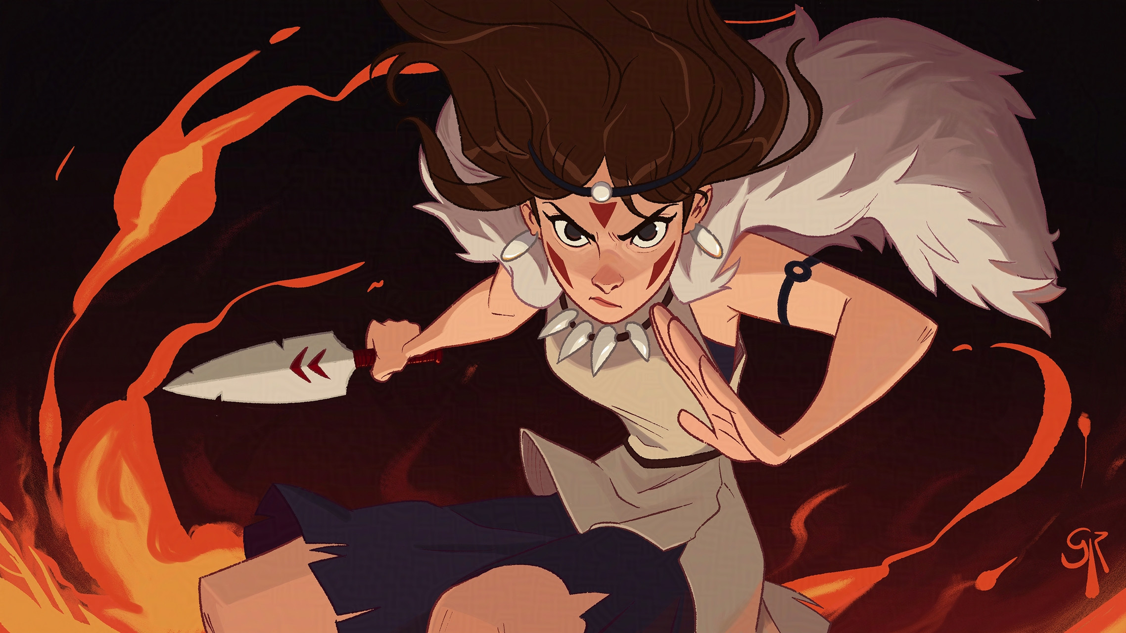 galmesh rosewood, san (mononoke hime), mononoke hime, adversarial noise, commentary, english commentary, highres, 1girl, artist name, black eyes, brown hair, cape, closed mouth, earrings, facepaint, facial mark, fur cape, headband, holding, holding weapon, jewelry, necklace, solo, tooth necklace, weapon