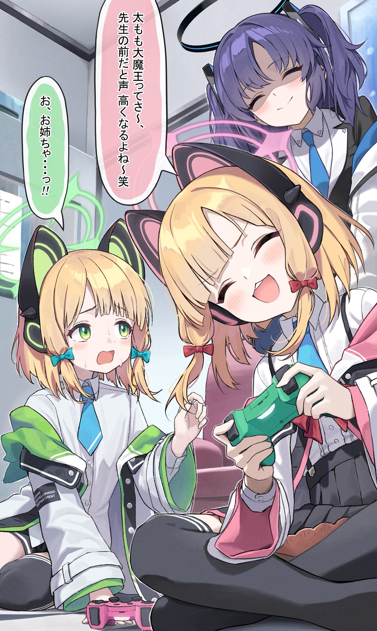 nashi (nashipple1), midori (blue archive), momoi (blue archive), yuuka (blue archive), blue archive, commentary request, highres, 3girls, ^ ^, animal ear headphones, animal ears, black skirt, black thighhighs, blonde hair, blue necktie, blush, bow, cat ear headphones, closed eyes, closed mouth, collared shirt, controller, fake animal ears, false smile, game controller, green eyes, green halo, hair bow, halo, headphones, holding, holding controller, holding game controller, indian style, jacket, long hair, long sleeves, mechanical halo, multiple girls, necktie, open mouth, pleated skirt, purple hair, shaded face, shirt, short hair, siblings, sisters, sitting, skirt, smile, speech bubble, thighhighs, twins, two-sided fabric, two-sided jacket, two side up, white shirt