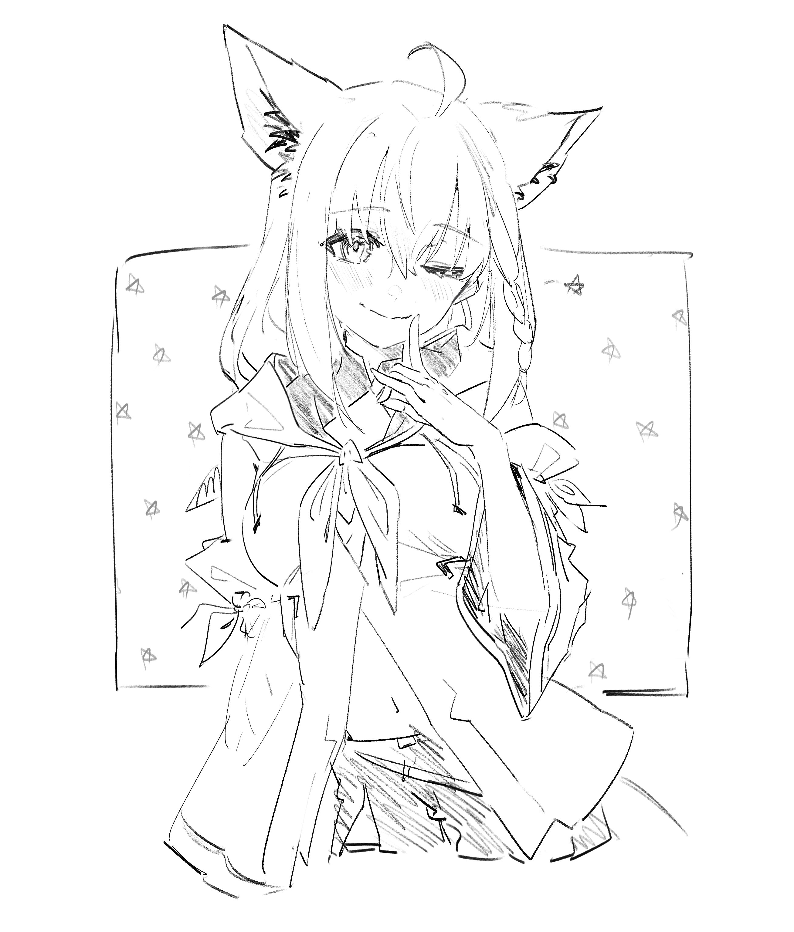 hyde (tabakko), shirakami fubuki, shirakami fubuki (1st costume), hololive, absurdres, highres, 1girl, ahoge, animal ear fluff, animal ears, blush, braid, breasts, detached sleeves, earrings, finger to mouth, fox ears, fox girl, fox tail, greyscale, hair between eyes, hood, hoodie, jewelry, long hair, looking at viewer, medium breasts, monochrome, navel, neckerchief, one eye closed, pentagram, shorts, sidelocks, single braid, smile, solo, tail, virtual youtuber